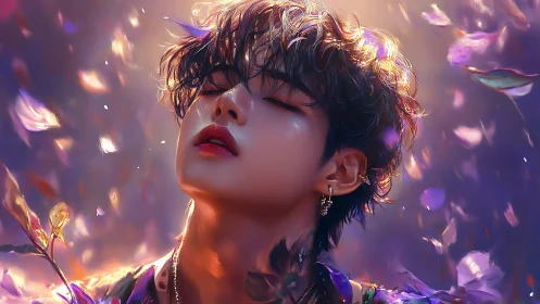 Ethereal floral portrait amid glowing falling petals.