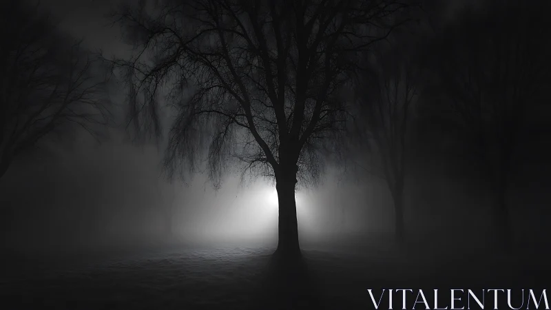 Foggy night woodland with stark backlit central tree.