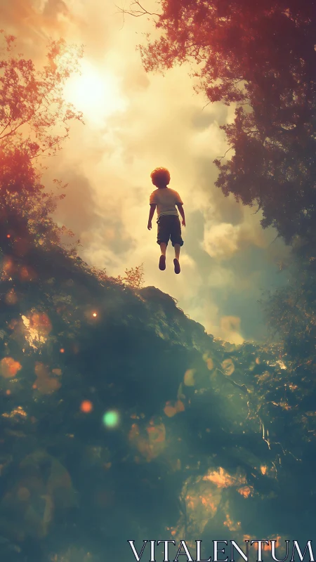 Backlit child levitating in dreamy golden forest ravine