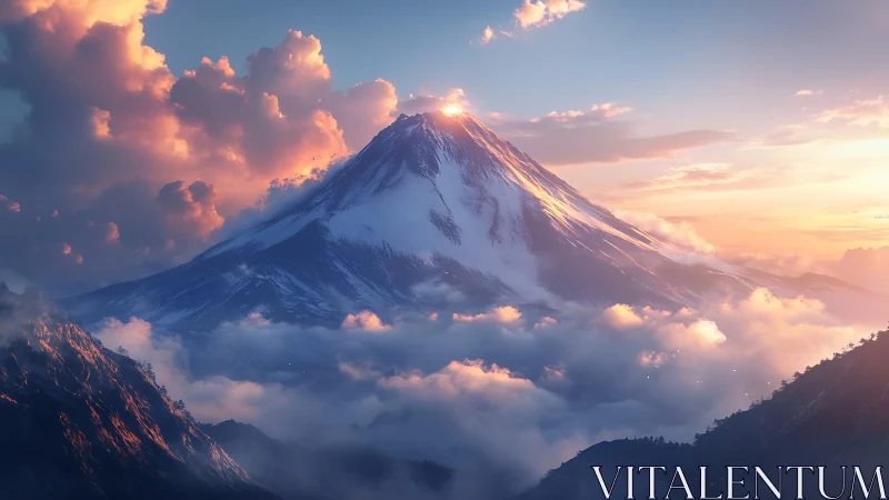 Sunrise crown over a cloud-draped, snowlit titan peak.