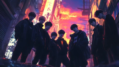 Cyberpunk youth collective framed by neon dusk alleyway glow