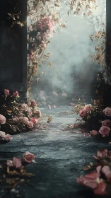 Deteriorating threshold framed by climbing pink roses and withered foliage
