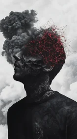 Surreal profile portrait visualizes a mind in storm and code.