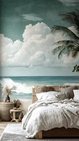Coastal bedroom retreat with mural seascape and natural linens.