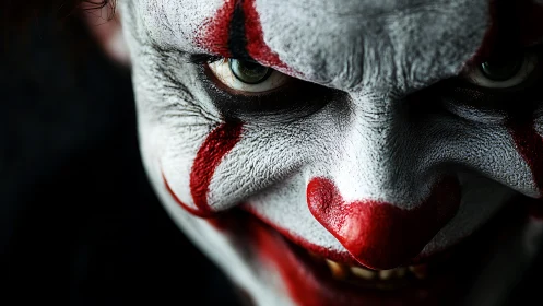 Sinister clown face glares forward in stark, chilling closeup