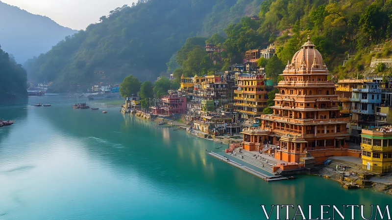Riverside temple town glowing beside calm turquoise waters.