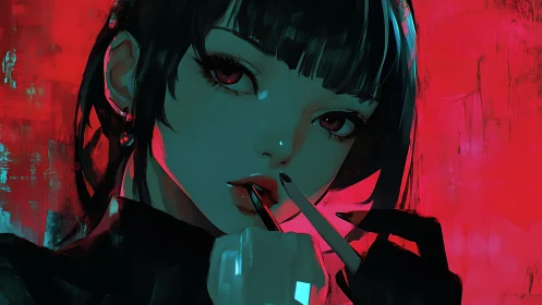 Noir cyber muse with crimson lighting and sharp gaze.
