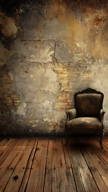 Photorealistic vintage armchair against distressed plaster wall.