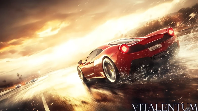 Red supercar drifts through rain-soaked highway at sunset.
