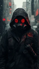 Hooded gas mask wanderer stalks a neon lit rainy city.