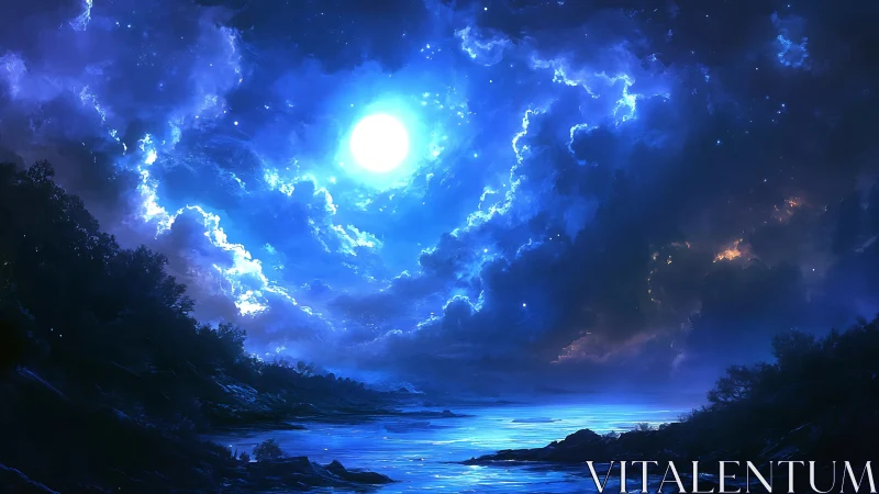 Moonlit coastal dreams glow softly beneath vast blue clouds