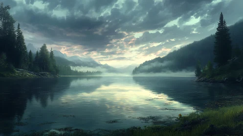 Misty mountain lake hush under storm-softened morning light.