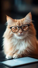 Intellectual Orange Tabby Cat Wearing Black Eyeglasses.