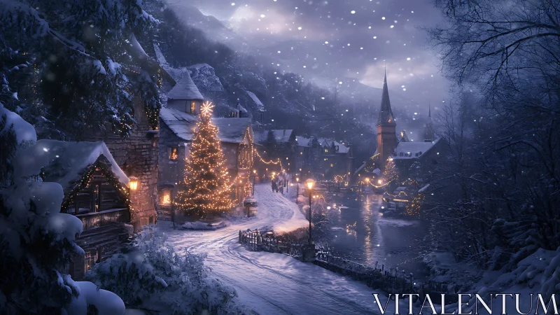 Snowy village glow wrapped in gentle winter night magic.