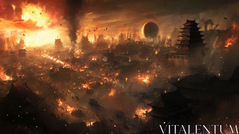 Burning imperial city under eclipsed apocalyptic sky