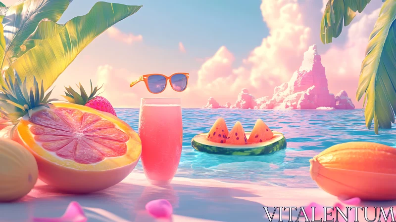 Neon tropical fruit beachscape with floating melon slices.