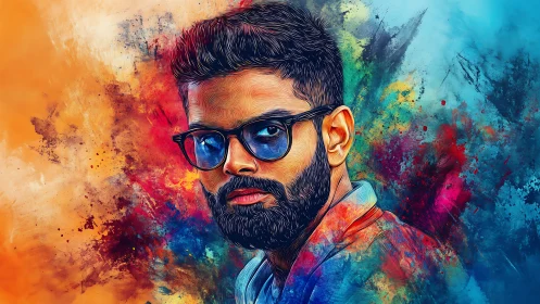 Portrait of bearded man in glasses amid vivid colors.