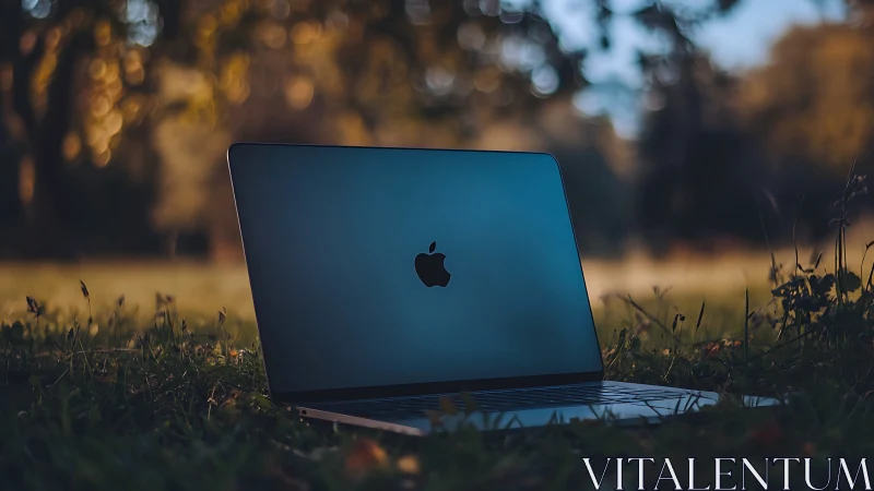 Open laptop resting on grass in warm evening light outdoors.