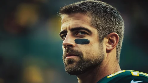 Focused football player portrait under stadium lights.