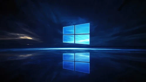 Glowing blue window logo over reflective water surface.