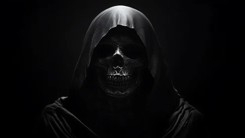 Hooded skeletal reaper portrait in dramatic low key lighting.