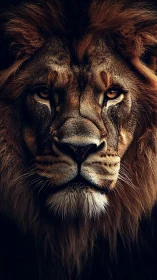 Close frontal portrait of male lion in low key lighting.
