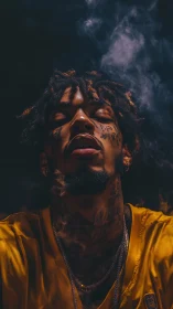 Tattooed man in yellow jersey amid rising smoke portrait.