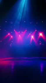 Neon stage lights bathing a quiet floor in concert color.