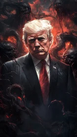 Storm-lit statesman stands amid molten shadow creatures