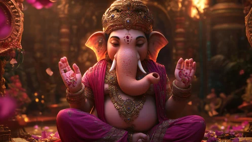 Serene Ganesha idol meditates amid warm temple glow