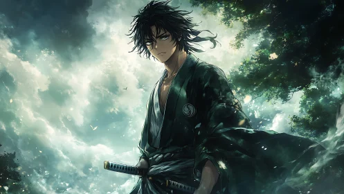 Brooding swordsman stands under stormy forest sky.