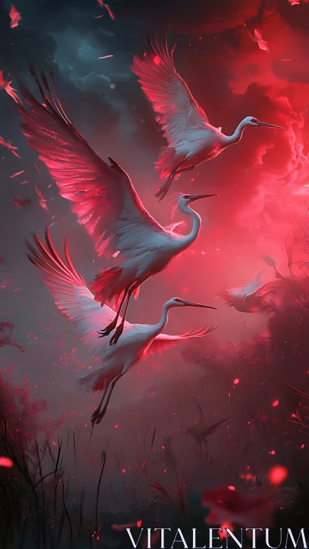 White cranes ascend through crimson stormlit twilight sky
