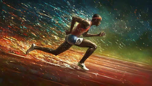 Sprinter in explosive stride with abstract motion trails on track