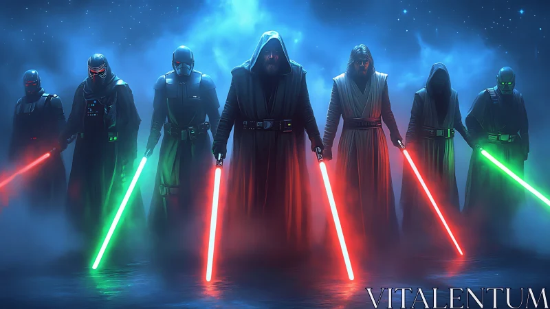 Seven cloaked sci fi warriors holding glowing plasma swords