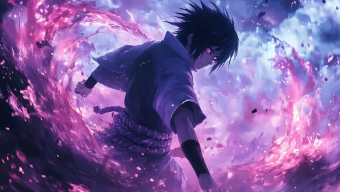 Storm of violet energy swirls around a focused anime hero