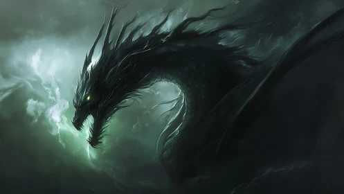 Dark serpentine dragon profile in swirling green mist.