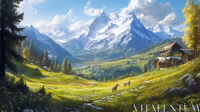 Mountain valley with pastures, farm buildings and snow peaks.