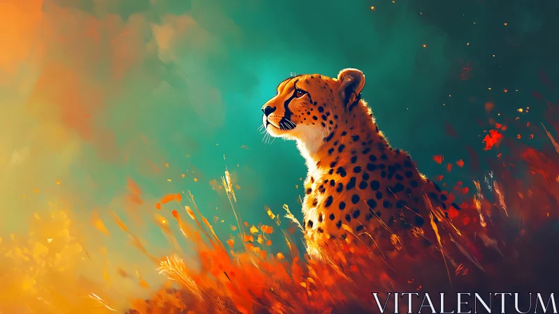 Sunset sentry cheetah bathing in wildfire-colored grasslands.