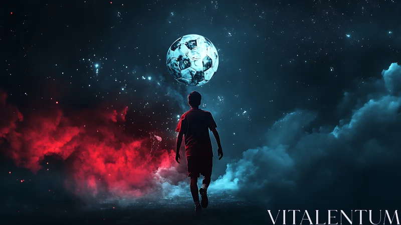 Silhouetted footballer under cosmic ball in red blue nebula.