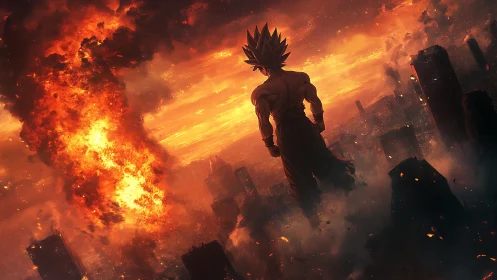 Backlit warrior overlooks firestorm over collapsing cityscape