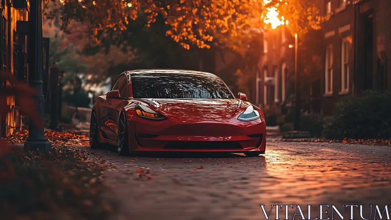 Red electric sedan on cobblestone street at sunset.