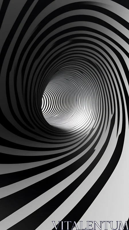 Monochrome spiral tunnel with curved striped rings.
