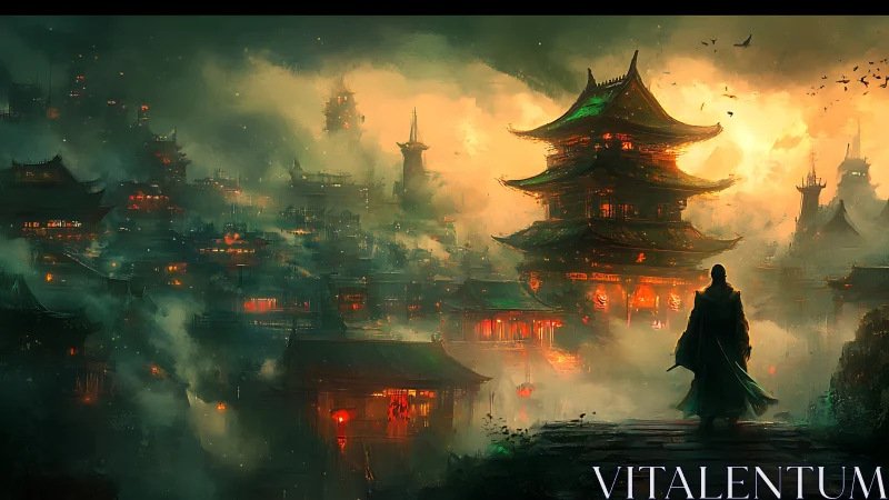 Solitary figure observing illuminated pagoda city at dusk.