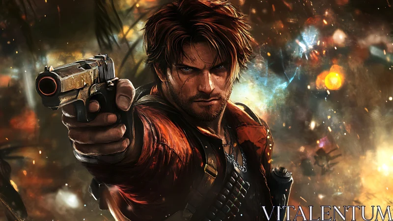 Battle-scarred hero aims forward through swirling sparks.