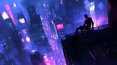 Silhouette figure observes neon cityscape from high rooftop