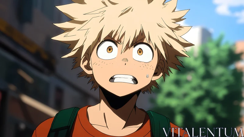 Blond anime boy outdoors with startled facial expression.