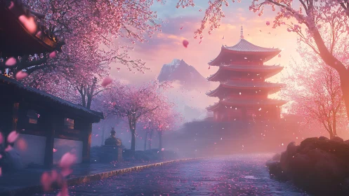 Gentle cherry blossoms framing a tranquil temple at dawn.