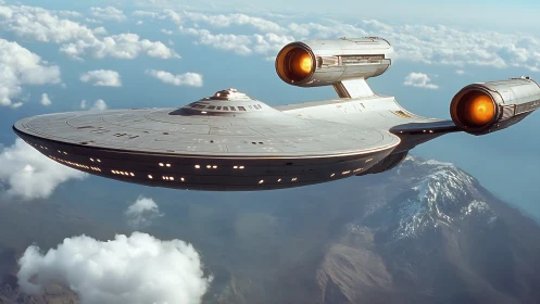 Futuristic starship flying above mountainous cloud layer.