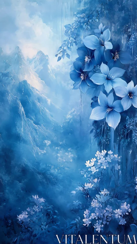 Cerulean alpine blossoms in ethereal misted landscape.