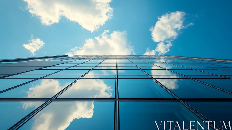 Glass tower mirrors drifting clouds in a vivid blue sky.
